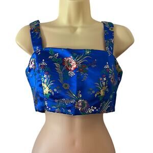 Forever 21 Contemporary Size S Blue Satin Embroidered Crop Top Blouse Asian Vibe